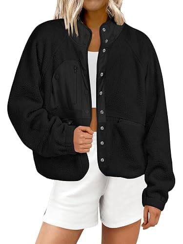 ANRABESS Womens Fuzzy Fleece Jacket Fall Casual Long Sleeve Cropped Sherpa Button Down Shacket Coats Outwear With Pockets - Image 1