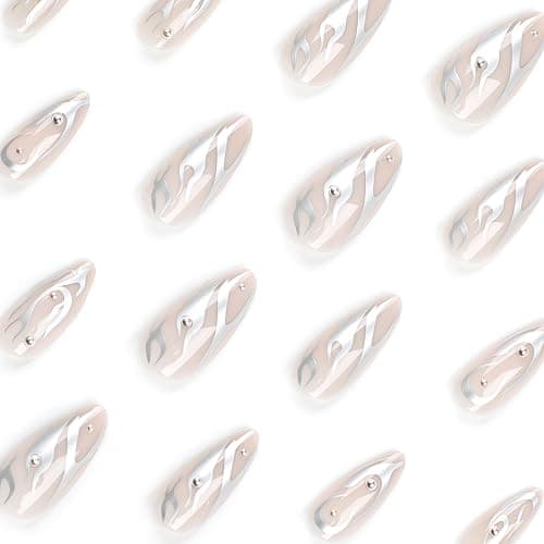 24 Stück Press on Nails Kurz, Oval Künstliche Nägel im Weiß-europäischen Flammenstil, French Nägel Zum Aufkleben, Glossy Mandel Kunstnägel Press on Nails mit Nagelkleber für Frauen (Silver flame, 24x) thumbnail 9