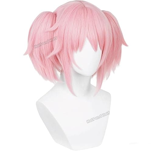 Half and Half Mado-ka Cosplay Wig Pink Anime Ponytail Wigs with Bangs Short Light Pink Cute Lolita Twin Tails Wig for Women Halloween Party Costumes thumbnail 3