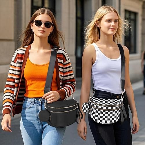 Bum Bags for Women Checkered Crossbody Bag Large Nylon Belt Purse Fanny Packs, Bonus with a Extra Strap thumbnail 2