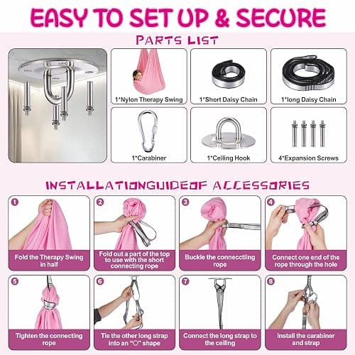 Elfzone Sensory Swing - Indoor Swing，Comes with Heavy Duty Hardware and Soft Nylon Fabric for Calming Effect, Holds Up to 135kg (Pink, 110" thumbnail 3