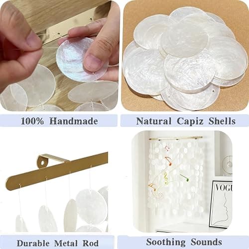 DHHOUSE 24x28 Inch Large Capiz Shell Wall Hanging, Handmade Sea Shell Wall Art with Gold Rail for Home Decor thumbnail 3