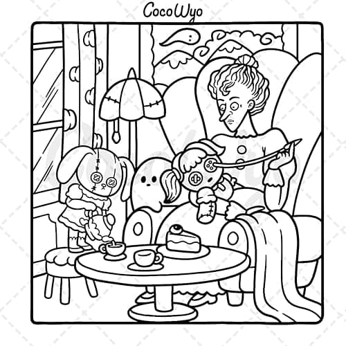 Spooky Cutie: Coloring Book for Adults and Teens Featuring Adorable Creepy Creatures in Cozy Hygge Moments for Relaxation (Cozy Spaces Coloring) thumbnail 6