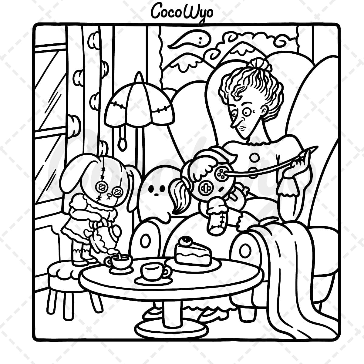 Spooky Cutie: Coloring Book for Adults and Teens Featuring Adorable Creepy Creatures in Cozy Hygge Moments for Relaxation thumbnail 6