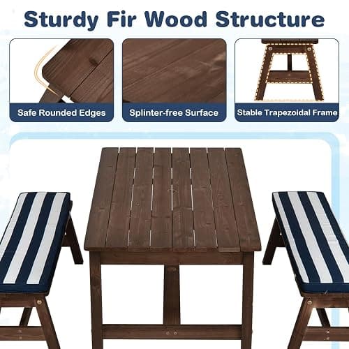 Costzon Kids Picnic Table, Fir Wood Toddler Outdoor Table & Bench Set w/Removable Umbrella & Cushions, Stripe Fabric, Kids Outdoor Furniture for Patio Backyard Garden, Fits 4 Children Age 3+ (Blue) thumbnail 5