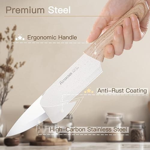 Astercook Knife Set, 13 Pieces Kitchen Knives Set with Ceramic Coating, Stainless Steel Chef Knife Sets with 6 Blade Guards, Dishwasher Safe Knives with Wooden Handle, White thumbnail 3