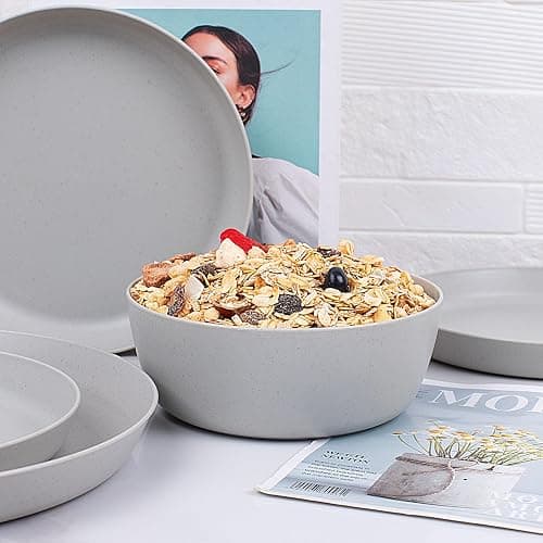 EI 12pcs Wheat Straw Dinnerware Set of 4,Plastic Plates Reuasble Unbreakable,Plastic Plates and Bowls Sets for Camping,Picninc,Family Dinner thumbnail 2
