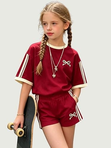 KIDLAGA Girls Shorts Sets 2 Pieces Outfits Bow/Cherry T-Shirt & Plaid Shorts Girls Summer Short Set 6-14Y thumbnail 4