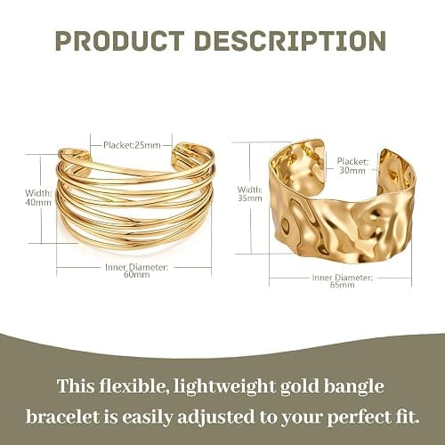Générique Bracelet en Or pour femme, 2 Pièces Bracelets à Manchette Or Large Bracelet Bangle Réglable Bracelets à Manchette Ouverte pour Femmes Filles thumbnail 2
