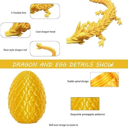 Dragon Eggs with Dragon Inside, 3D Printed Surprise Funny Gifts for Kids, Articulated Fidget Toys for Adults, Ideal Easter Basket Stuffers, Unique 3D Dragons Collectibles(Silk Gold) thumbnail 3