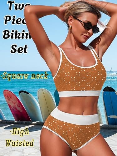 ChiaoLezhee Women's High Waisted Bikini Sets, Hollow Out Color Block, Two Piece Sporty Scoop Neck Adjustable Straps Swimsuit thumbnail 3