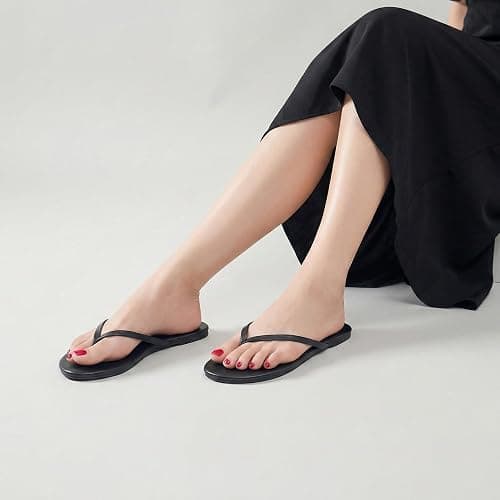 mazeskin Womens Memory Foam Flip Flops Flat Thong Sandals | Soft Vegan Leather Comfortable Cushioned Casual Dressy Beach Summer Minimalist Slim Slide Shoes Indoor Outdoor thumbnail 2