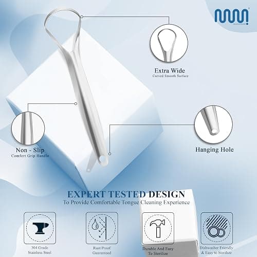 MasterMedi Tongue Scraper for Adults, 100% Stainless Steel for Bad Breath, Easy to Use, Tongue Cleaner for Oral Care (Pack of 3 with 1 Case) thumbnail 3
