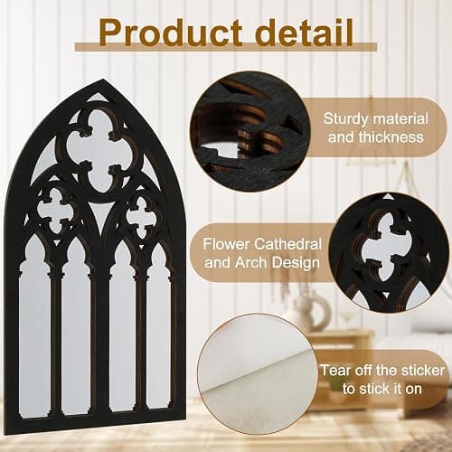3Pcs Gothic Mirrors Wall Decor, 11.8" Arched Decorative Mirror Wall Mounted Goth Room Decor Vintage Cathedral Window Mirror Indoor Wood Framed Entry Mirror Living Room Bathroom (Model D (3 flowers)) thumbnail 9