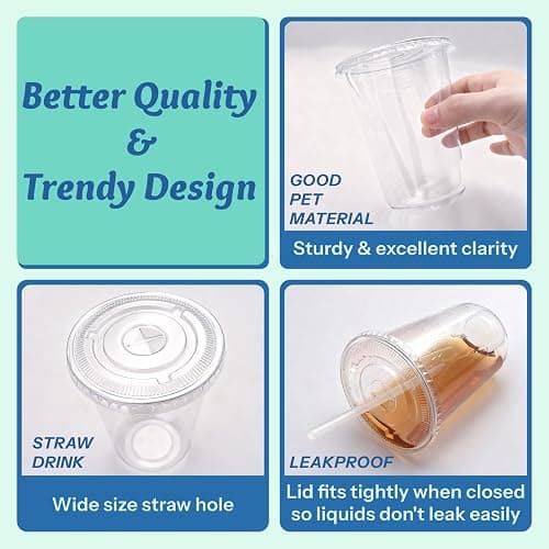 Homestockplus 15 oz Clear PET Plastic Cups with Lids and Straws - 100 Pack Leak-Proof Disposable Plastic Coffee Cups Iced Coffee Cups for Smoothies, Bubble Tea & To-Go Cold Drinks thumbnail 4