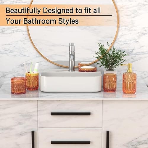 Orange Glass Bathroom Accessories Set 5 Pcs, Orange Bathroom Set, Soap Dispenser and Toothbrush Holder Set, Qtip Holder Set, Vintage Bathroom Sink Set, Cute Bathroom Decor thumbnail 4