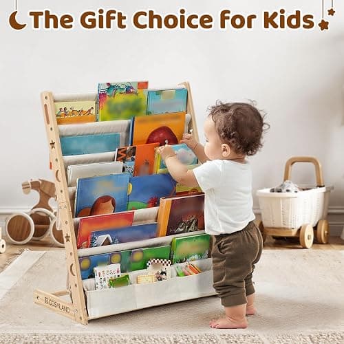 COSYLAND Fabric Kids Bookshelf 6 Tiers,Wooden Sling Book Rack with Deep Shelves for Playroom Nursery Bedroom,Front Facing Nursery Bookcase for Kids (Natural, 63 Cm Wide) thumbnail 6