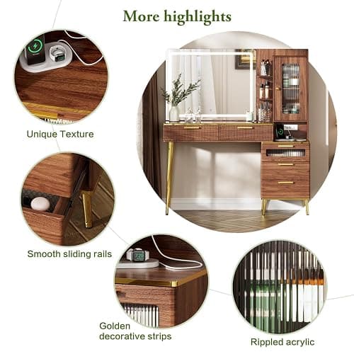 Chrangmay 47.24" Big Modern Vanity Desk with Mirror and Lights,Makeup Vanity Desk with 5 Drawers and Storage Shelves & Power Outlet,Dressing Table with Glass Top, Brown thumbnail 6