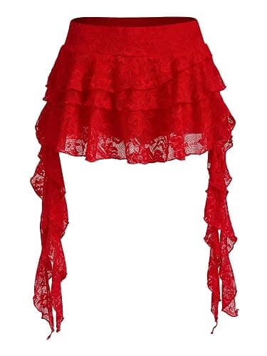 Women's Y2K Mini Skirt Ruffle Lace Mesh Asymmetrical Flowy Short Skort | Bulit-in shorts, layered pleated low rise design, boho/gothic/western style, for rave party/country concert - Image 1
