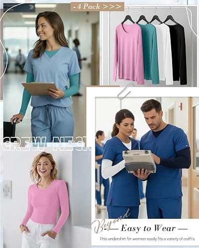 Xaatren 4 Pack Women's Underscrub Shirts Long Sleeve Nurse Cotton Blend Crewneck Slim Fit Tops Soft Stretchy Basic Tee thumbnail 2