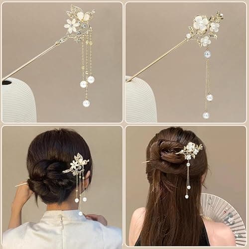 2Packs Lily of the Valley Chinese Hair Sticks for Buns, Pearl Flower Vintage Metal Hair Chopsticks for Women and Girls Dangle Tassel Pendant Hair Accessories Hanfu Handmade Decor Hairpin (beige) thumbnail 4