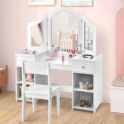 AKUSTIK Kids Vanity, 2 in 1 Wooden Princess Makeup Table and Chair for Toddlers with Tri-Folding Detachable Mirror, Storage Drawers for Little Girls, Pretend Beauty Dressing Desk Play Set Toy Gift - Image 1
