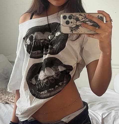 Hesaco Off The Shoulder Oversized Tshirt Y2k Graphic Tee Baggy Shirts Vintage Tops thumbnail 2