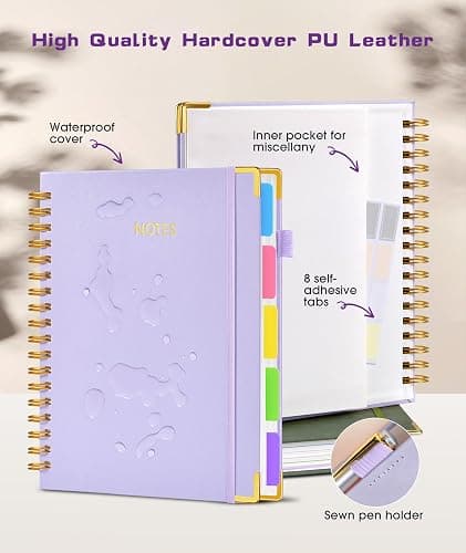 Hardcover Spiral Notebook journal with Removable Dividers Tabs, 300 Pages Leather 5 Subject Notebook College Ruled, 8"x10" Large B5 Notebooks for Work School Note taking,Lined Journal for Women,Purple thumbnail 3