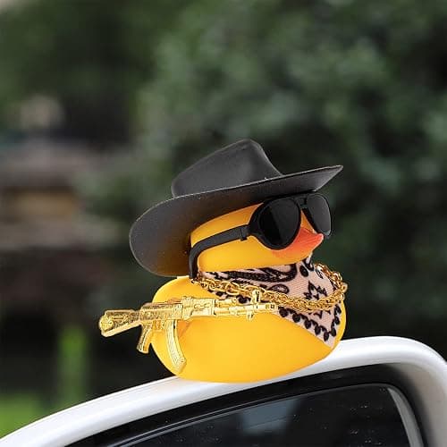 wonuu Rubber Duck Car Ornaments Duck Car Dashboard Decorations for Cool Car Accessories with Cowboy Hat Necklace and Sunglasses, A_Black Cowboy hat thumbnail 2