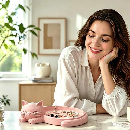 Cat Ring Holder Jewelry Dish Cute Trinket Tray Gifts for Cat Mom Lovers | Pink Cat Design, 3D Printed, Holds Rings Earrings Necklace Keys, Vanity Dresser Bathroom Office Desk Decor Gifts for Women thumbnail 4