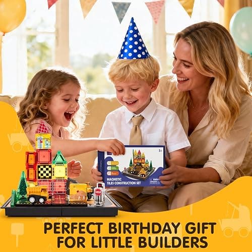 hahaland Mini Magnetic Tiles Travel Construction Toys with Engineering Cars | Magnetic Building Blocks with Vehicles Trucks, Case 2-in-1 Road-Themed Box, Montessori Gifts for 3-6 Year Old Toddler thumbnail 9