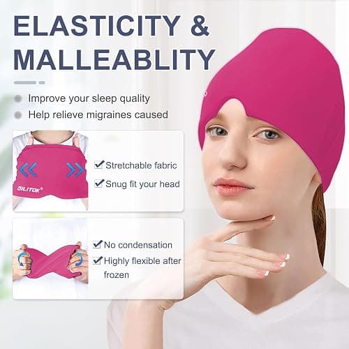 EXQUISLIFE Migraine Headache Relief Cap, Gel Ice Head Wrap, Hot and Cold Therapy, Headache Eyes Mask for Sinus, Puffy Eyes, Tension and Stress Relief (Hot Pink) thumbnail 7