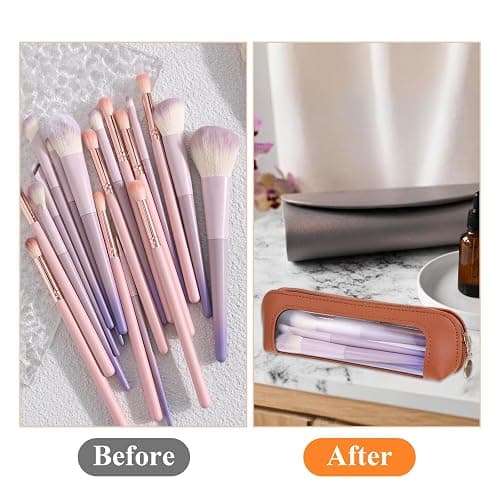 Small Clear Makeup Pouch, PU Leather Makeup Brush Bag Portable Travel Mini Cosmetic Bag Transparent Waterproof Organizer Pouch with Zipper for Women Home Travel Office Cosmetic Storage (Brown) thumbnail 4