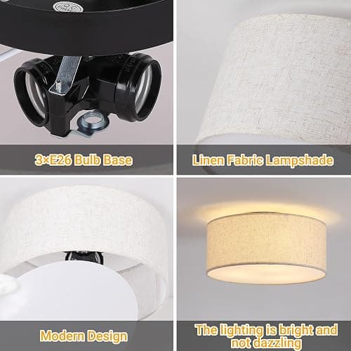 12.6" Modern Close to Ceiling Light with Linen Fabric Drum Shade,3-Light Semi Flush Mount Ceiling Light Fixture,Drum Light Fixtures Ceiling Mount for Kitchen, Bedroom, Bathroom, Living Room, Hallway thumbnail 3