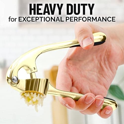 Zulay Kitchen Premium Garlic Press with Soft, Easy to Squeeze Handle - Includes Silicone Garlic Peeler & Cleaning Brush - 3 Piece Garlic Mincer Tool - Sturdy Easy to Clean Garlic Crusher (Gold) thumbnail 6