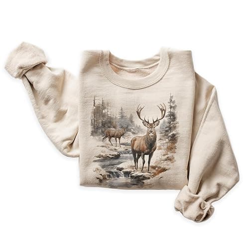 Vintage Deer Wilderness Scene - 90s Vintage Deer Sweatshirt - Scenic Winter Nature Sweater - Unisex Graphic Crewneck Sweatshirt - Image 1