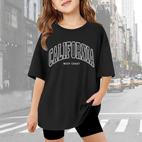 California T Shirts for Girls Letter Print Graphic Tees Oversized Casual Loose Drop Shoulder Short Sleeve Basic Summer Tops thumbnail 2