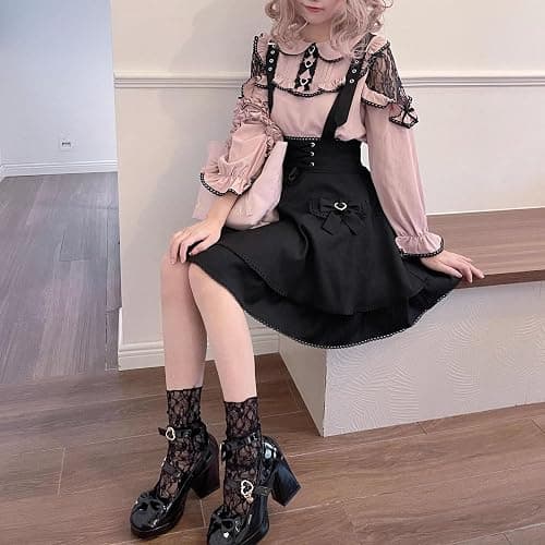 Cuteighteen Goth Mini Skirt Teens High Waisted Y2K Cute Lace Lolita A Line Flare Kawaii Suspender Skirts with Bow thumbnail 3
