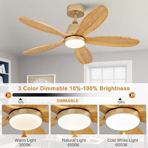 KENSID 42 Inch Wood Ceiling Fans with Lights and Remote, Modern Indoor Outdoor Ceiling Fan with Light for Patio Kitchen Dining Room, Dimmable, 5 Blades, Reversible DC Motor, Memory Function (Gold) thumbnail 4