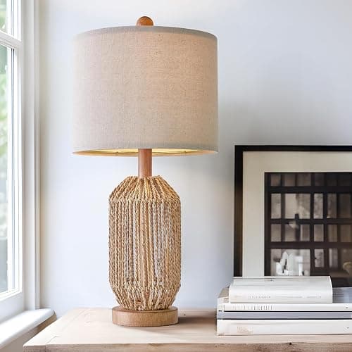 OYEARS 21" Boho Table Lamp for Living Room, Bedside Lamp for Nightstands, Rattan Lamp for Bedroom, Farmhouse Table Lamp for Room Decor, End Table, Retro, Brown, 1 Pack thumbnail 6