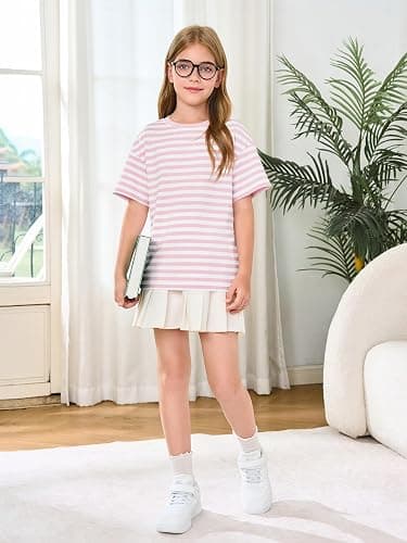 Haloumoning Girls Striped Short Sleeve T Shirts Kids Summer Oversized Tops Casual Crewneck Tees 5-14 Years thumbnail 2