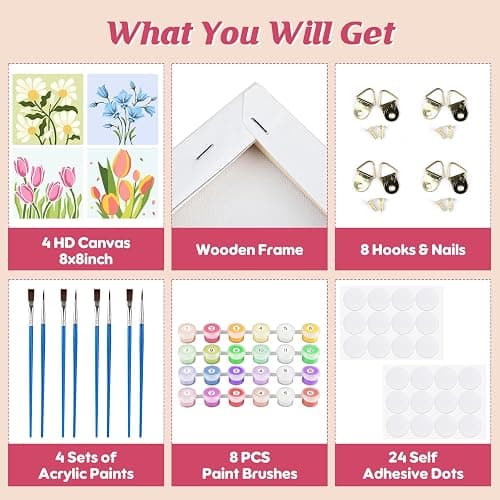 GHHKUD Paint by Numbers Kits for Adults Beginners, 4 Pack Canvas Painting by Numbers Kit for Kids, Flowers Landscape Acrylic Paint by Numbers with Wooden Frame, Crafts for Home Wall Decor (8x8inch) thumbnail 3