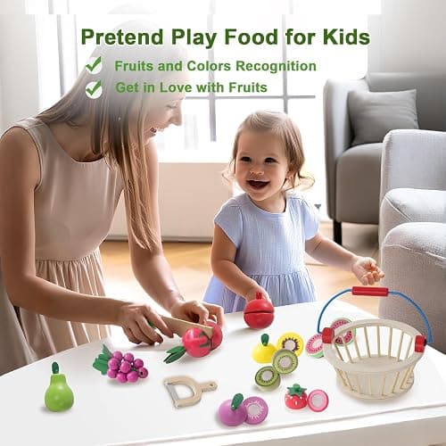 Smartwo Frutta da Tagliare in Legno Con Cesto - Accessori Cucina Giocattolo per Bambini, Verdura e Cibo Finto - Regalo Educativo per 3+ Anni thumbnail 6