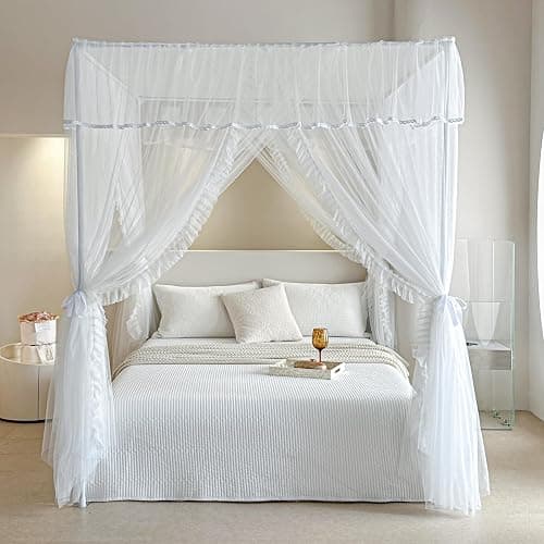 AIKASY 4 Corners Post Ruffle Princess Bed Canopy Curtain - Double Layer Cozy Drape Netting with 4 Openings - Elegant Mosquito Net for Girls and Adults Bedroom Decoration (White, Queen) thumbnail 4