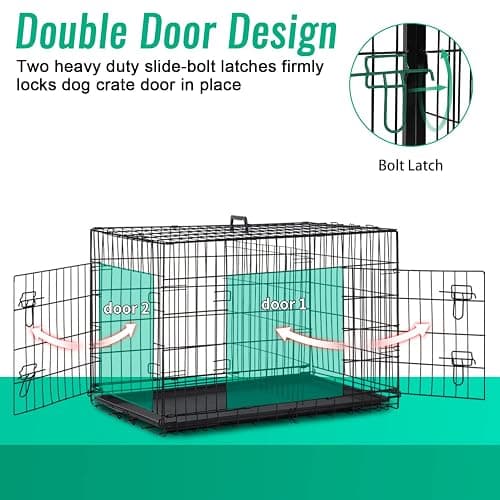 FDW Dog Crate for Large Dogs 42 Inch Folding Metal WirePet Cage Double Door W/Divider Panel Indoor Outdoor Kennel Leak-Proof Plastic Tray,Black thumbnail 4