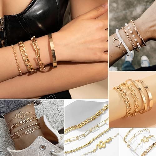 17IF 24-25 Pcs (6 Pack) 14K Gold Ankle Bracelets Set for Women Boho Stackable Bangles Cuff Charm Chunky Wrist Jewelry thumbnail 2