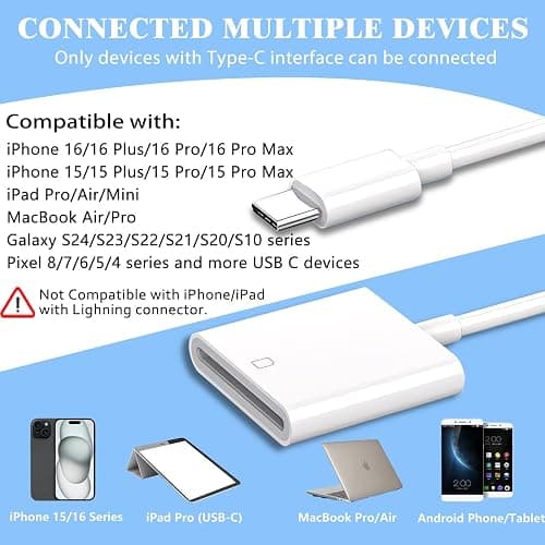 iPhone SD Card Reader USB C, Digital Camera Adapter iPhone 17, Trail Camera SD Card Reader USB C Memory Card Reader for iPhone 17/16/15/iPad/MacBook/iMac/Galaxy/Android thumbnail 5