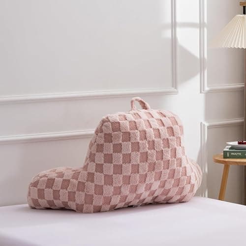 A Nice Night Faux Fur Reading Pillow,Checkered Fluffy Grid Plaid,Bed Wedge Pillow Large Adult Children Backrest with Arms for Bedrest,Pink thumbnail 5