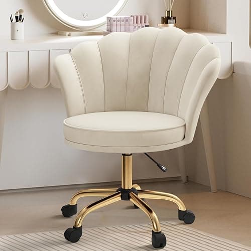 Aivermeil Modern Velvet Vanity Chair with Gold Base, Swivel Office Chair with Lumbar Pillow, Adjustable Rolling Task Chair for Condo, Bedroom & Vanity，Beige thumbnail 3