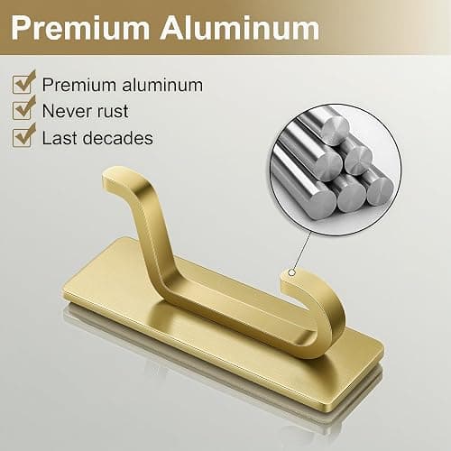Josmimic Self Adhesive Wall Hooks for Hanging: Extra Strong 13 LB, Hook for Coat, Towel in Bathrooms, Shower, Kitchen, Wall, Door Hook, Brushed Gold 4 Pack thumbnail 6